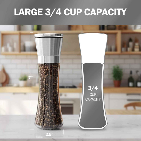 Home EC Premium Stainless Steel Sea Salt and Pepper Grinder Set - Adjustable Ceramic Mechanisms, Tall Glass Shakers, Kitchen Spice Mill with Funnel and eBook