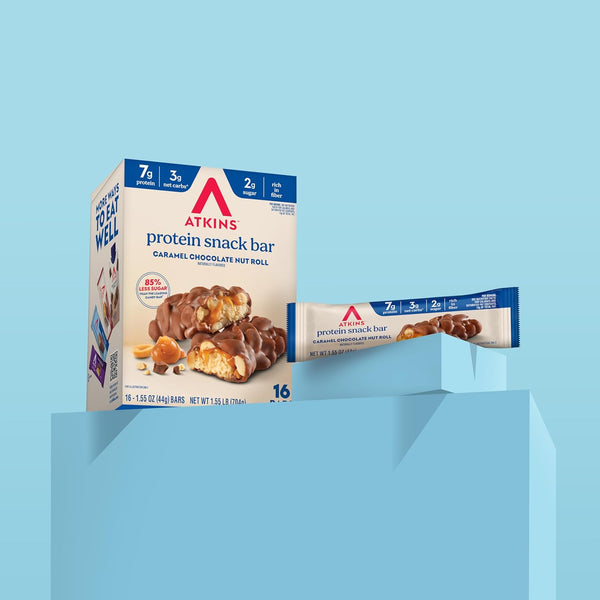 Atkins Caramel Chocolate Nut Roll Snack Bar, 16 Count, 1.55oz Bars