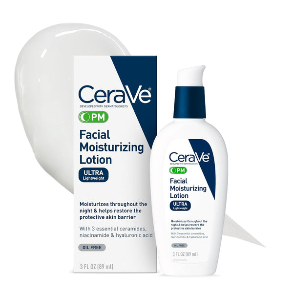 cerave pm facial moisturizing lotion, 3 ounce, night cream with hyaluronic acid and niacinamide, oil-free