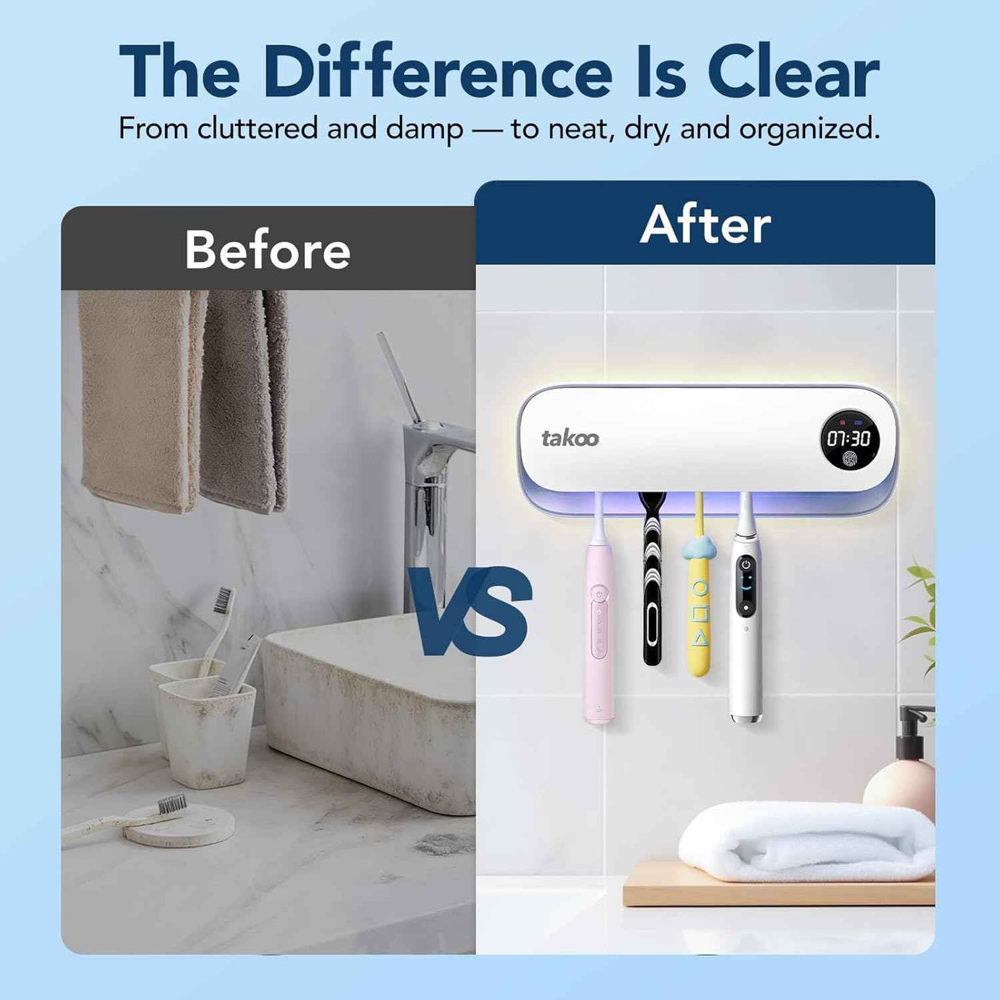 Takoo Toothbrush Cleaner, 4 Slots Wall Mounted Toothbrush Holder for Bathroom, Smart Hot Air Drying Technology, Rechargeable Smart Home Gadget