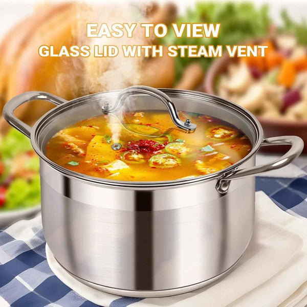 8 Quart Stainless Steel Stock Pot Heavy Duty Induction Cooking Pot with Visible Lid