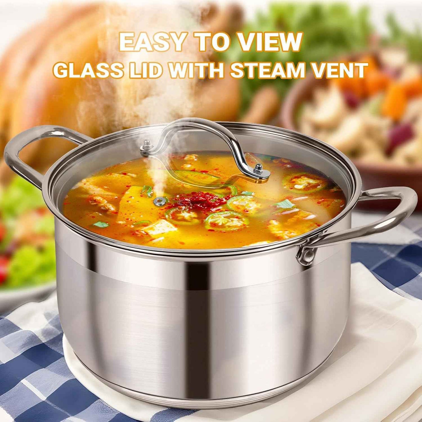 8 Quart Stainless Steel Stock Pot Heavy Duty Induction Cooking Pot with Visible Lid
