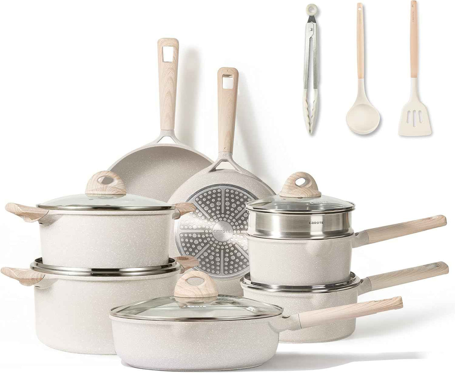 CAROTE 21Pcs Pots and Pans Set, Nonstick Cookware Sets, White Granite Induction Cookware Non Stick Cooking Set w/Frying Pans & Saucepans(PFOS, PFOA Free)