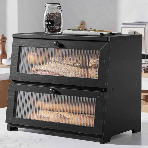 Kitsure Bread Box - Wooden Bread Box for Kitchen Countertop, Large Capacity Kitchen Countertop Organizer, Stylish Bread Storage with Window, Multi-functional Container, Black, 15.0"x8.3"x9.1" (1T)