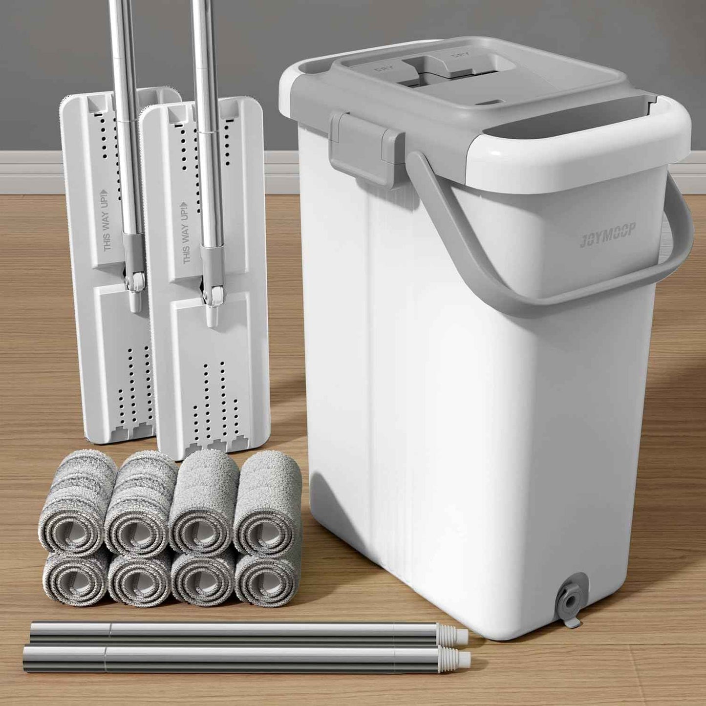 JOYMOOP Mop and Bucket Set with Wringer, Flat Mops for Floor Cleaning, Wall Mop Cleaner with Long Handle, Hardwood Floor Mop with 4 Microfiber Pads