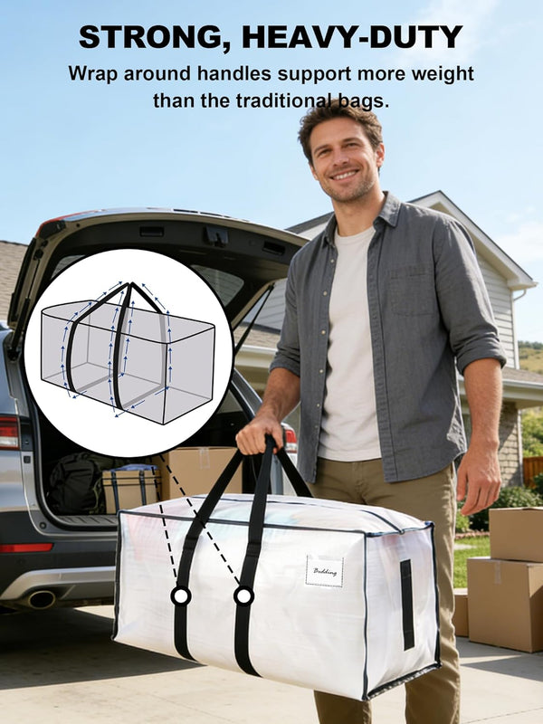 Heavy Duty Moving Bags with Strong Zipper and Handles - 8 Pack - Semi-Transparent