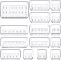 Drawer Organizers Set of 15, 4 Sizes Clear Plastic Drawer Organizers and Storage Bins for Kitchen, Bathroom, Office, Dresser Desk Drawer Organizer Tray for Jewelry, Makeup, Junk, Gadgets