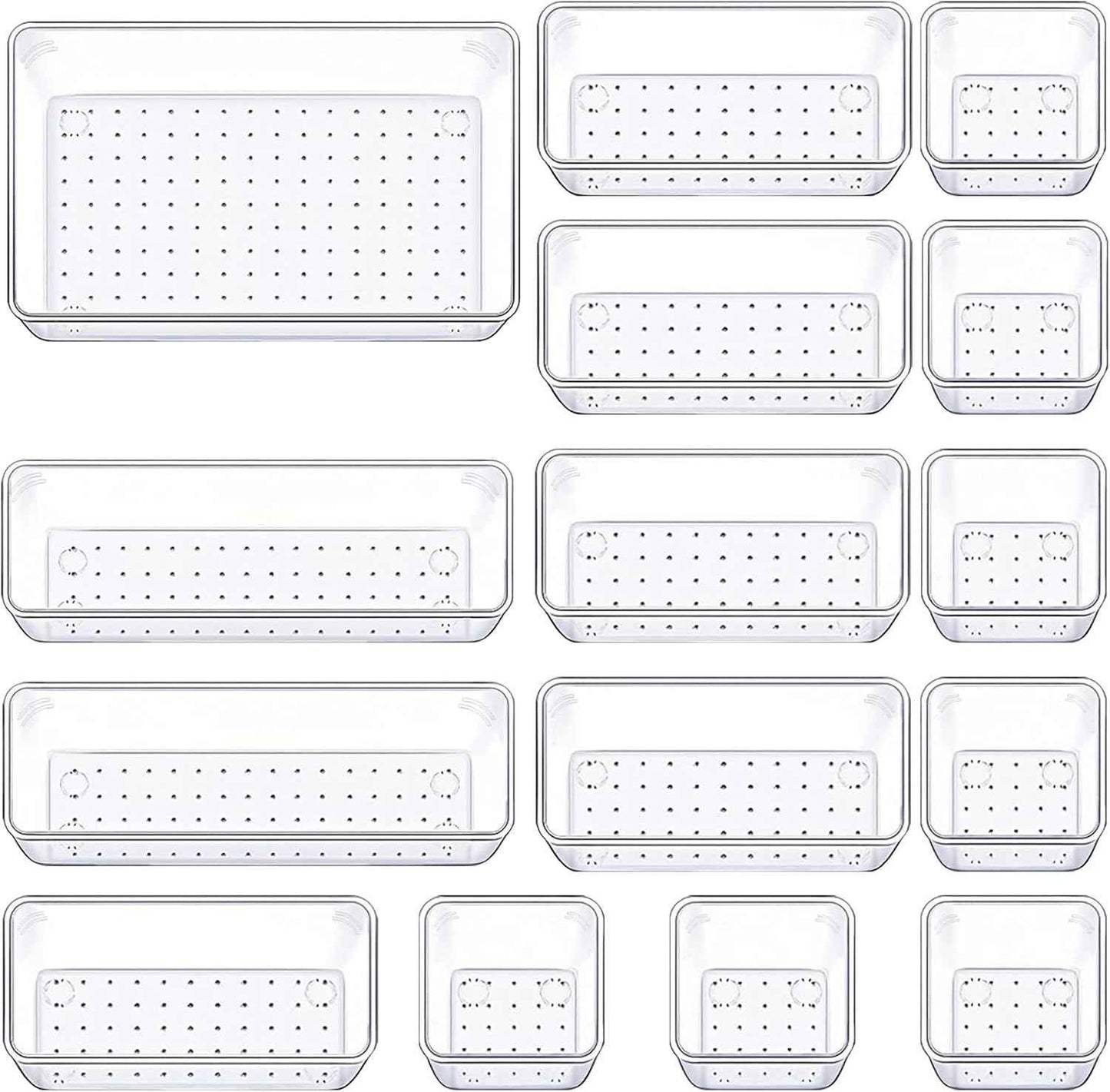 Drawer Organizer Set of 15, 4 Sizes Clear Plastic for Kitchen, Bathroom, Office, Dresser Desk Organizers