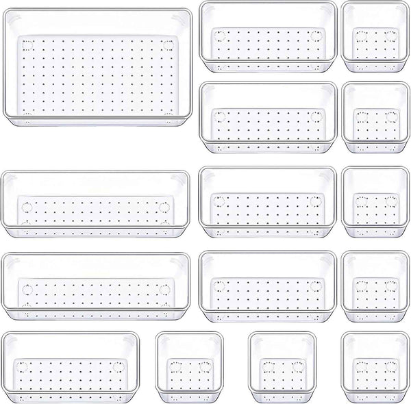Drawer Organizer Set of 15, 4 Sizes Clear Plastic for Kitchen, Bathroom, Office, Dresser Desk Organizers