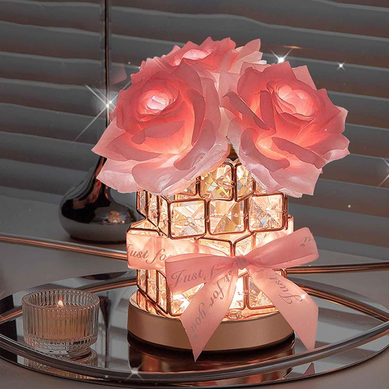 Crystal Table Lamp, Rechargeable Cordless Rose Light 3 Colors Dimmable Flower Lamp, Romantic LED Rose Diamond Lamp for Bedroom Living Pink Room Decor, Valentine Birthday Gift for Her | LED Rose Diamond Lamp, Rechargeable Cordless, Dimmable, Romantic, Flow