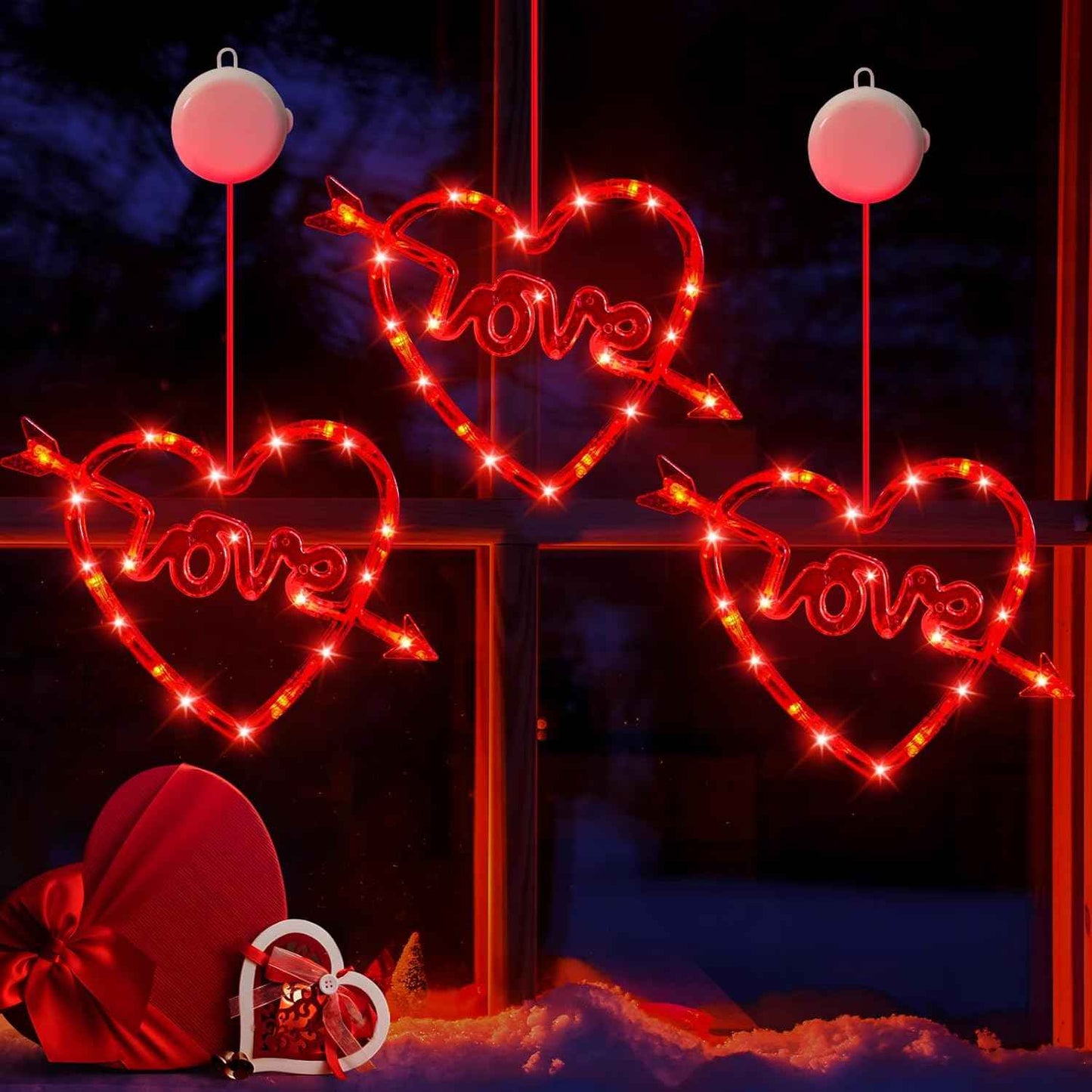 3 Pack Valentines Day Window Lights Decorations with Timer, Battery Powered Hanging Red Lighted Heart Shaped Silhouette Sucker LED Lamp for Fireplace Indoor Home Decor