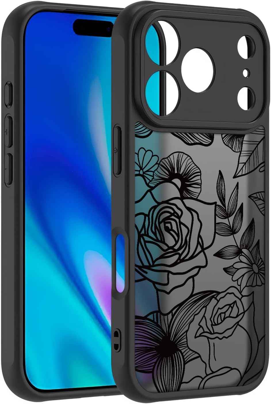 Girly Flower Case Compatible with iPhone 17 Pro Max, Cute Rose Aesthetic Black Line Art Floral Pattern Print, Anti Fingerprint PC Heavy Duty Protection Cases Cover for Girls Women