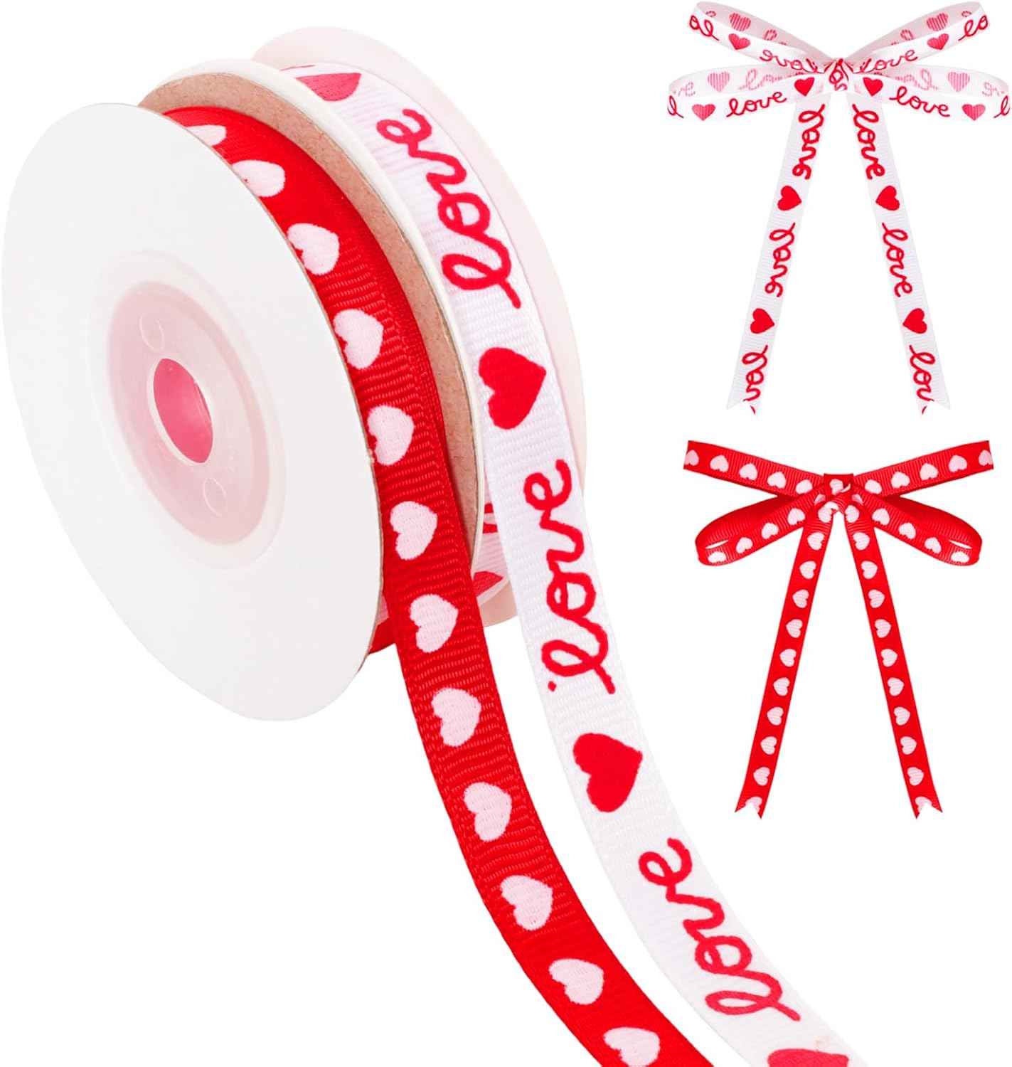 Valentines Day Ribbon, 2 Rolls 3/8 Inch Heart & Love Satin Ribbon for Gift Wrapping Crafts Bouquets Red Pink Total 20 Yard for Valentines Home Decor Wedding DIY Projects