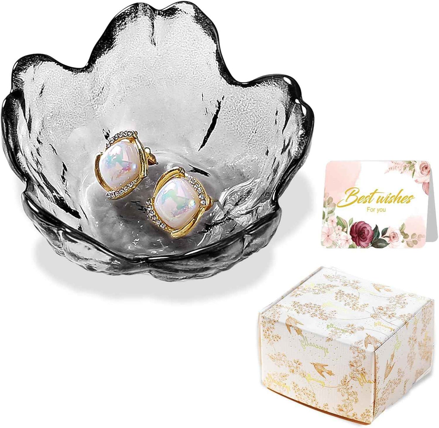 Purple Flower Jewelry Dish Glass Ring Holder Dish Jewelry Tray Cute Vanity Organizer Aesthetic Nightstand Bathroom Room Decor Trinket Dish Valentine's Friendship Christmas Birthday Gifts for Women