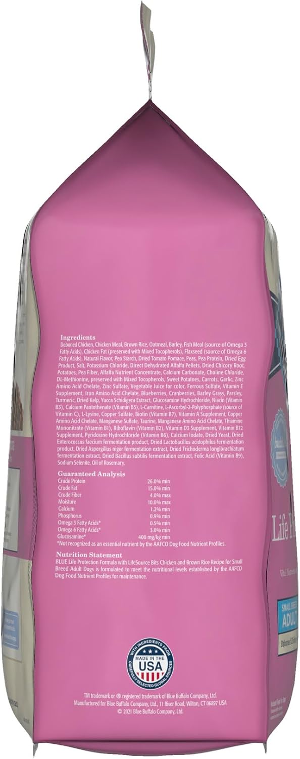 blue buffalo life protection formula adult small breed dry dog food, supports high energy needs, 5-lb bag, chicken & brown rice recipe