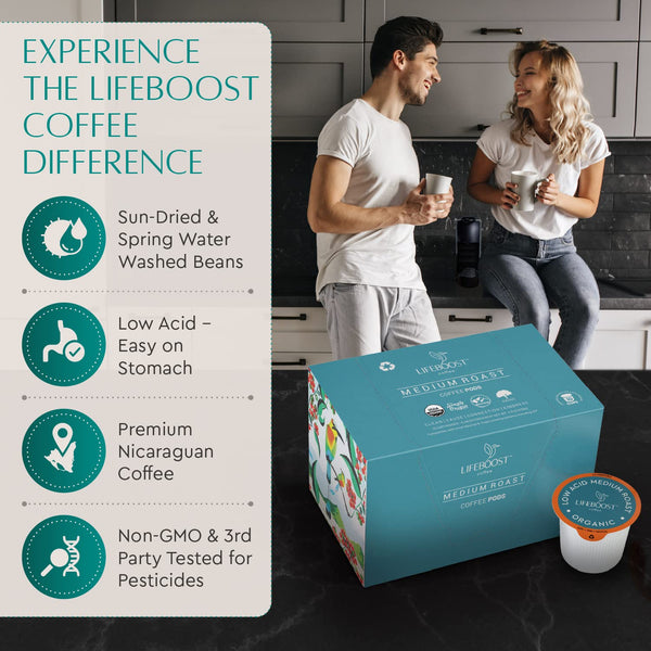 Lifeboost Medium Roast Low Acid Coffee K Cups - Single Origin Organic Coffee Pods