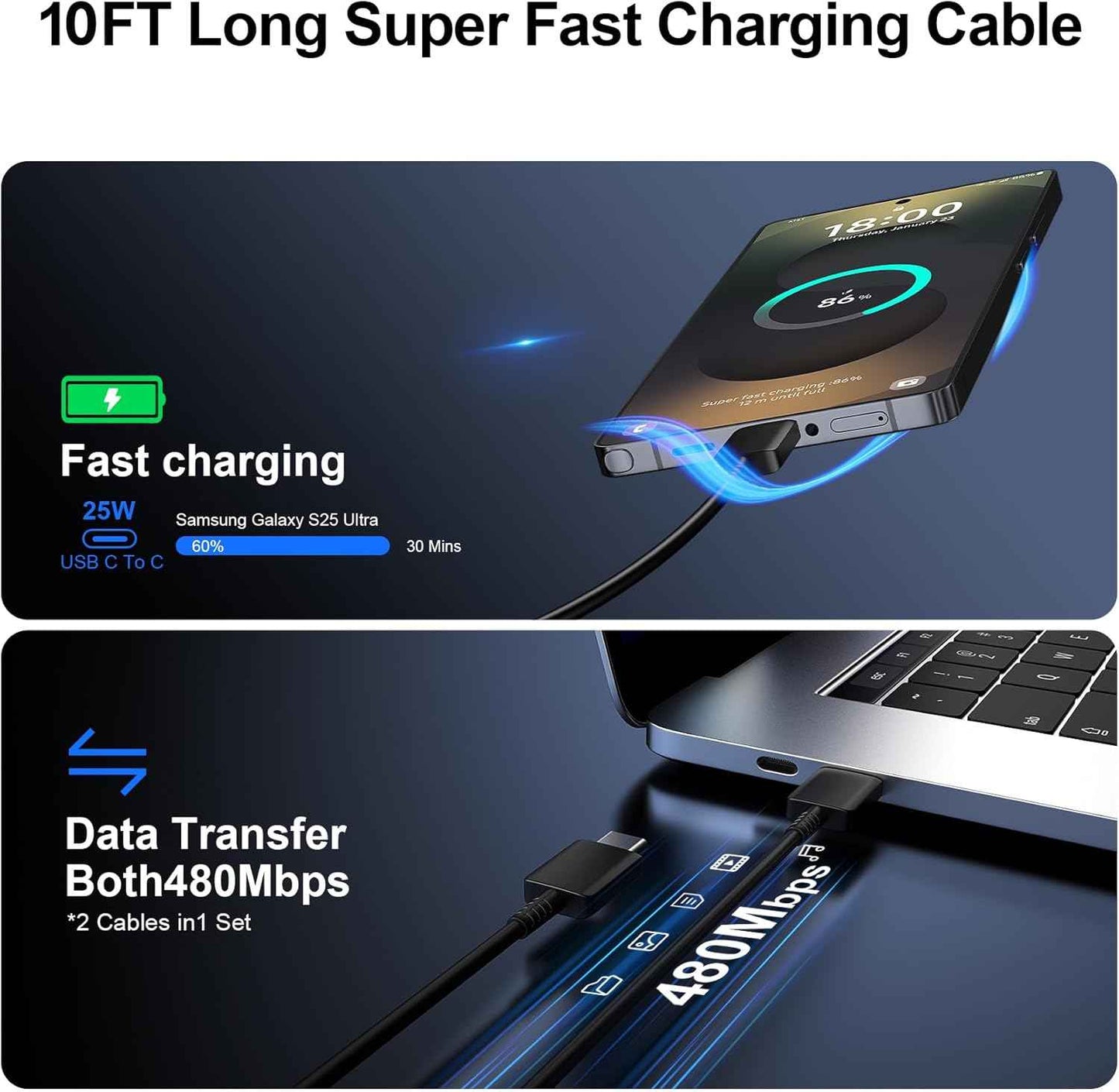 Super Fast Charger Type C, 25W USB C Wall Charger Fast Charging for Samsung Galaxy S25 Ultra/S25/S25+/S24+/S24 Ultra/S24/S24+/S23 Ultra/S22 Ultra/S21 with 10FT Long Android Type C Charger Cable 2Pack