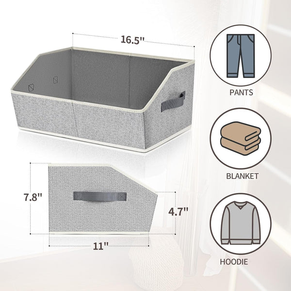 Large closet shelf organizer with fabric storage bins and handles