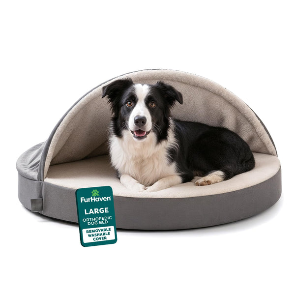 FurHaven 35"D x 3"H Round Orthopedic Dog Bed for Large Dogs with Egg Crate Base and Snuggery Hood, Gray