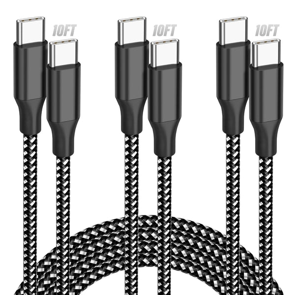 KYEHD 3-pack 10FT 60W fast charging USB-C cables for iPhone 17/16/15, iPad, MacBook, CarPlay and more, grey and white