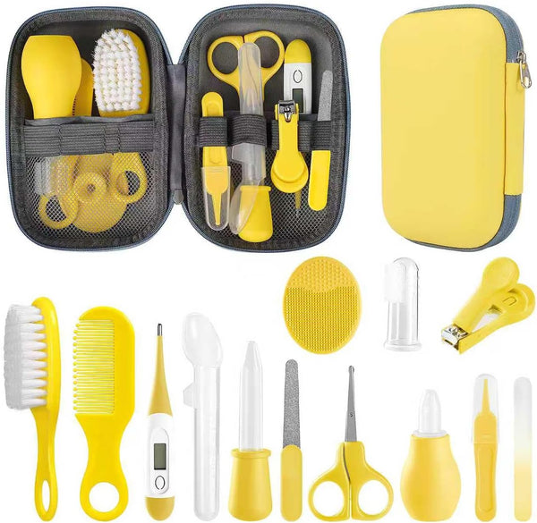 Baby Grooming Kit for Newborn Girls and Boys, Infant Safety Care Set with Hair Brush, Comb, Nail Clipper, Nasal Aspirator, Grey and White