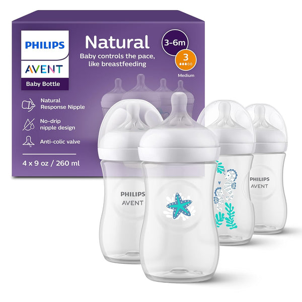 Philips Avent Natural Baby Bottles 4-Pack, Medium Flow, 9oz, SCY903/04, BPA-Free