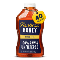 Fischer's 100% Pure Raw Unfiltered Honey - USA Made All-Natural Sweetener with Rich Flavor Profile and 40 oz Squeeze Bottle