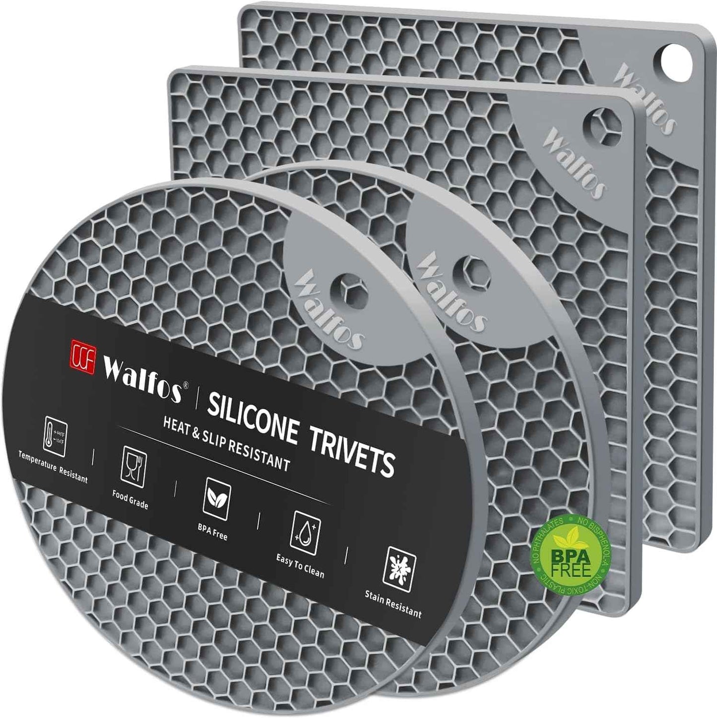 Walfos Silicone Trivet Mats - 4 Heat Resistant Pot Holders, Multipurpose Non-Slip Hot Pads for Kitchen Potholders, Hot Dishers, Jar Opener, Spoon Holder, Food Grade Silicone & BPA Free (Black)