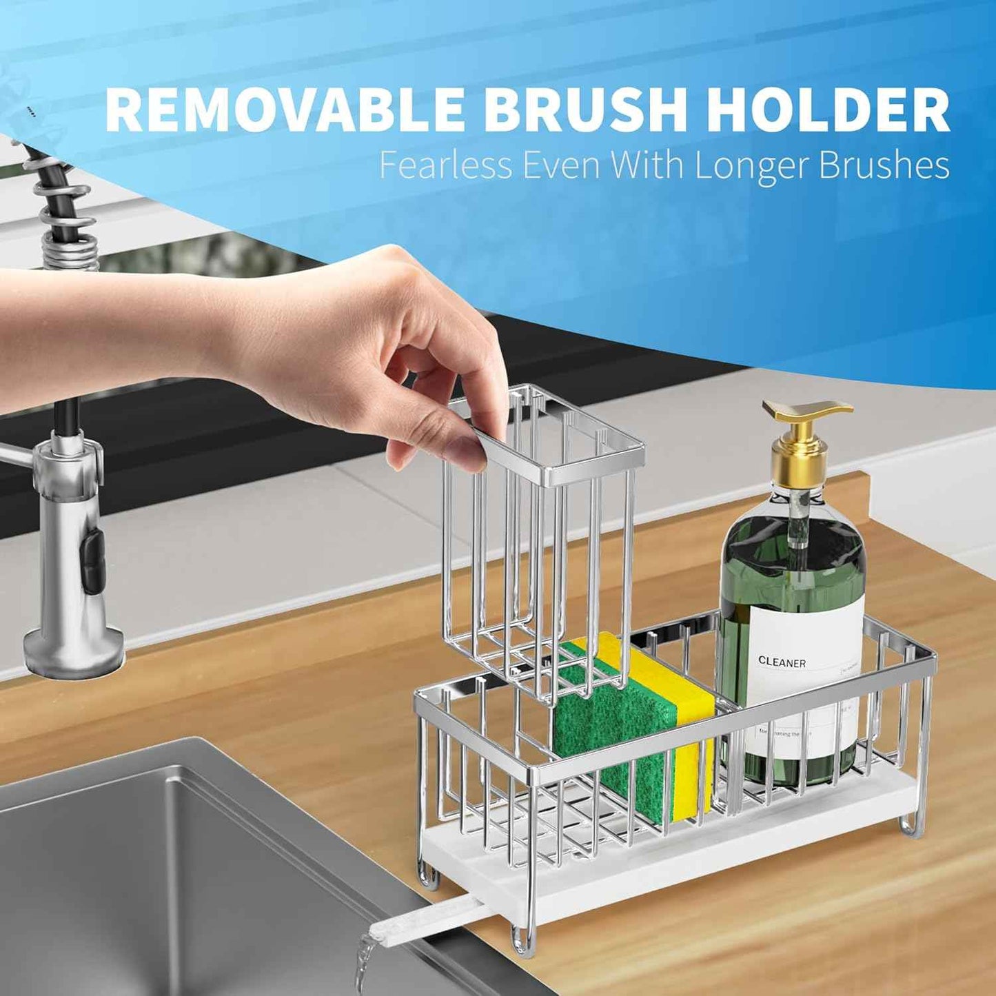 Cisily Silver Sponge Holder for Kitchen Sink, Sink Caddy Organizer with High Brush Holder, Kitchen Countertop Organizers and Storage Essentials, Rustproof 304 Stainless Steel, Soap Dispenser Organize