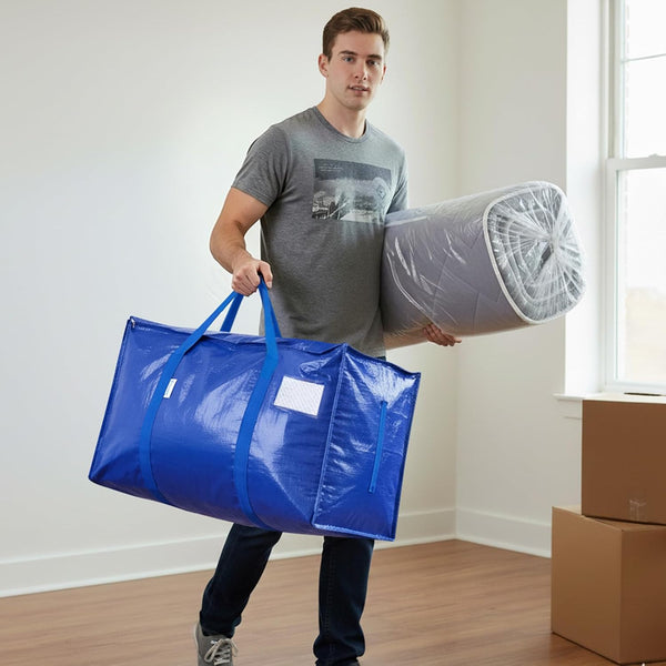Extra Large Moving Bags with Zippers and Carrying Handles, 6 Pack, Blue