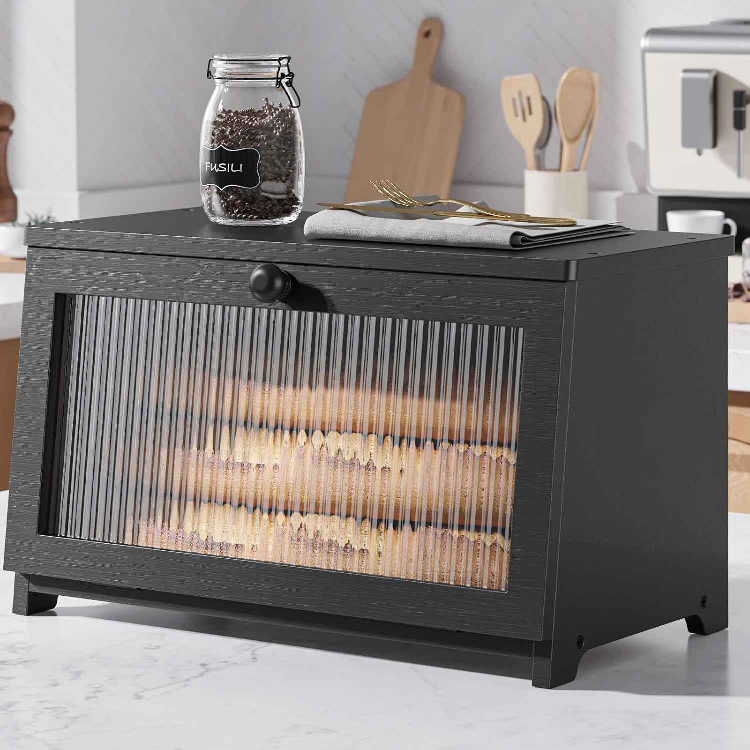 Kitsure Bread Box - Wooden Bread Box for Kitchen Countertop, Large Capacity Kitchen Countertop Organizer, Stylish Bread Storage with Window, Multi-functional Container, Black, 15.0"x8.3"x9.1" (1T)