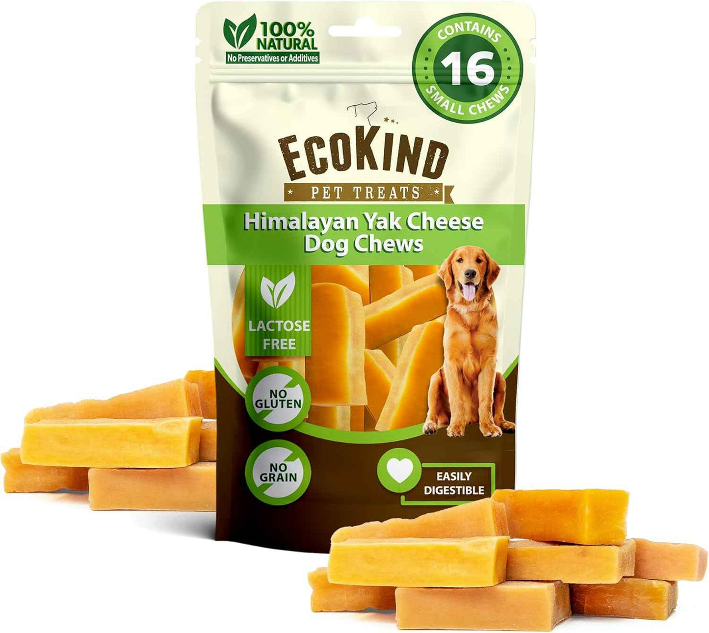 EcoKind Premium Gold Yak Cheese Himalayan Dog Chews, Dog Treats Large Breed, All Natural, High Protein, for Aggressive Chewers, Large - 4 Chews (1 lb)