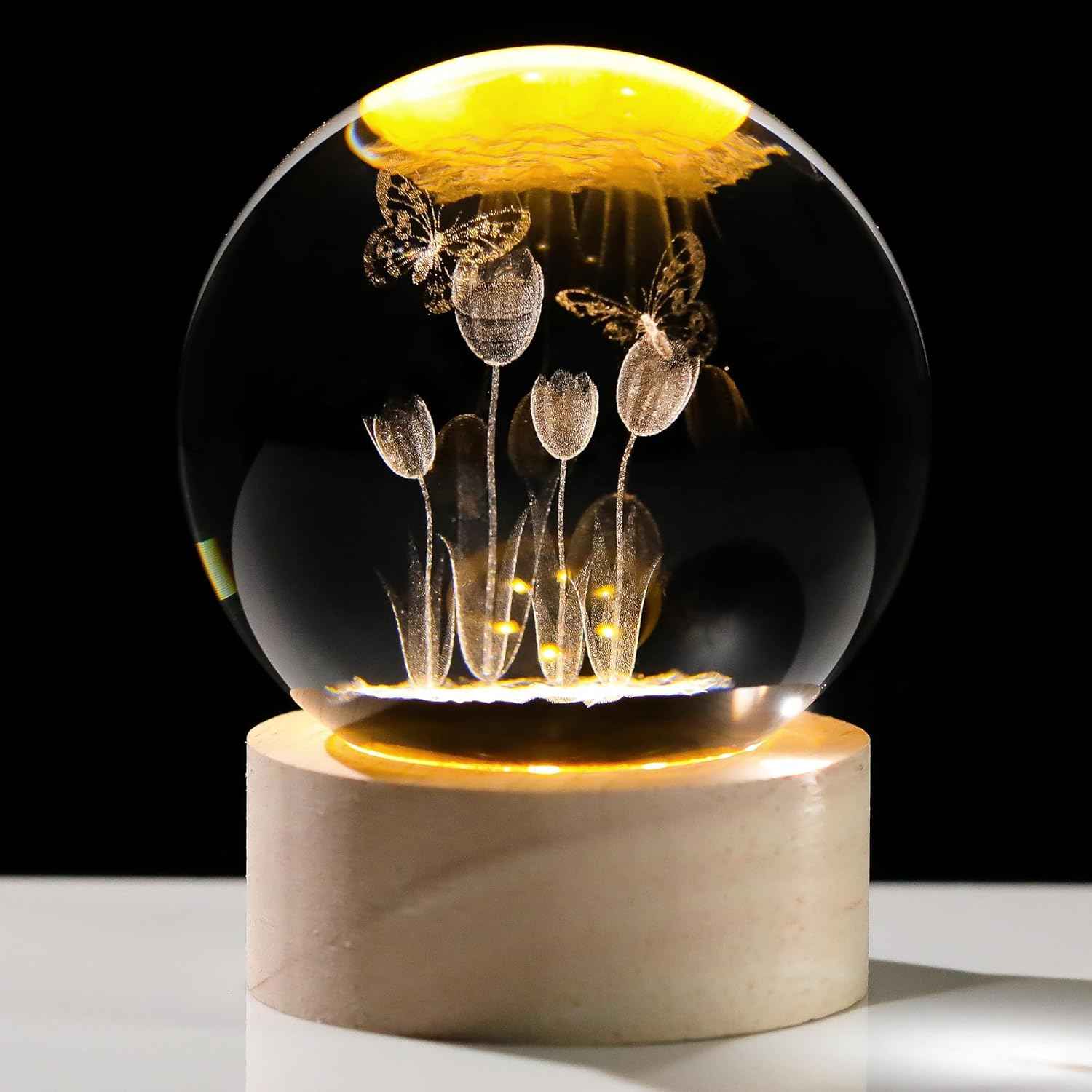 Enjinkail 3D Butterfly Tulips Crystal Ball with Wooden Light Base Glass Tulip Figurine Gift for Women Decor Tulips Statue Gifts for Mother's Day Birthday Valentine Christmas (Diameter 2.36 inches)