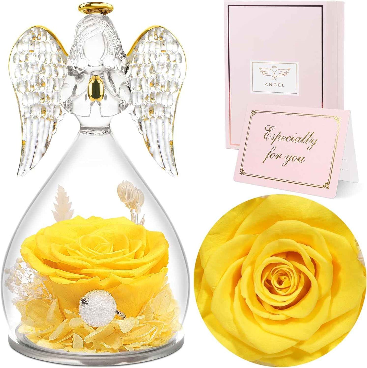 Sunia Valentines Day Rose Gifts for Women, Birthday Gifts for Mom Grandma, Forever Preserved Flower in Glass Angel Figurines Flowers for Delivery Prime, Mothers Day Real Roses for Her Wife