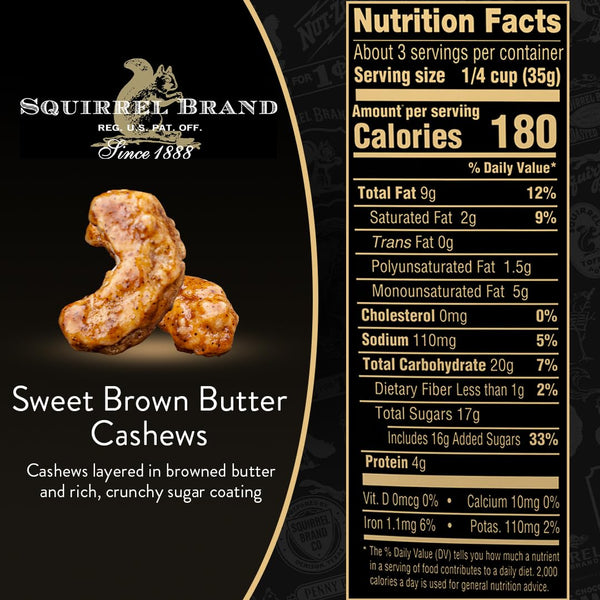 Squirrel Brand Sweet Brown Butter Cashews 3.5 oz Resealable Gluten Free Gourmet Nuts Snack