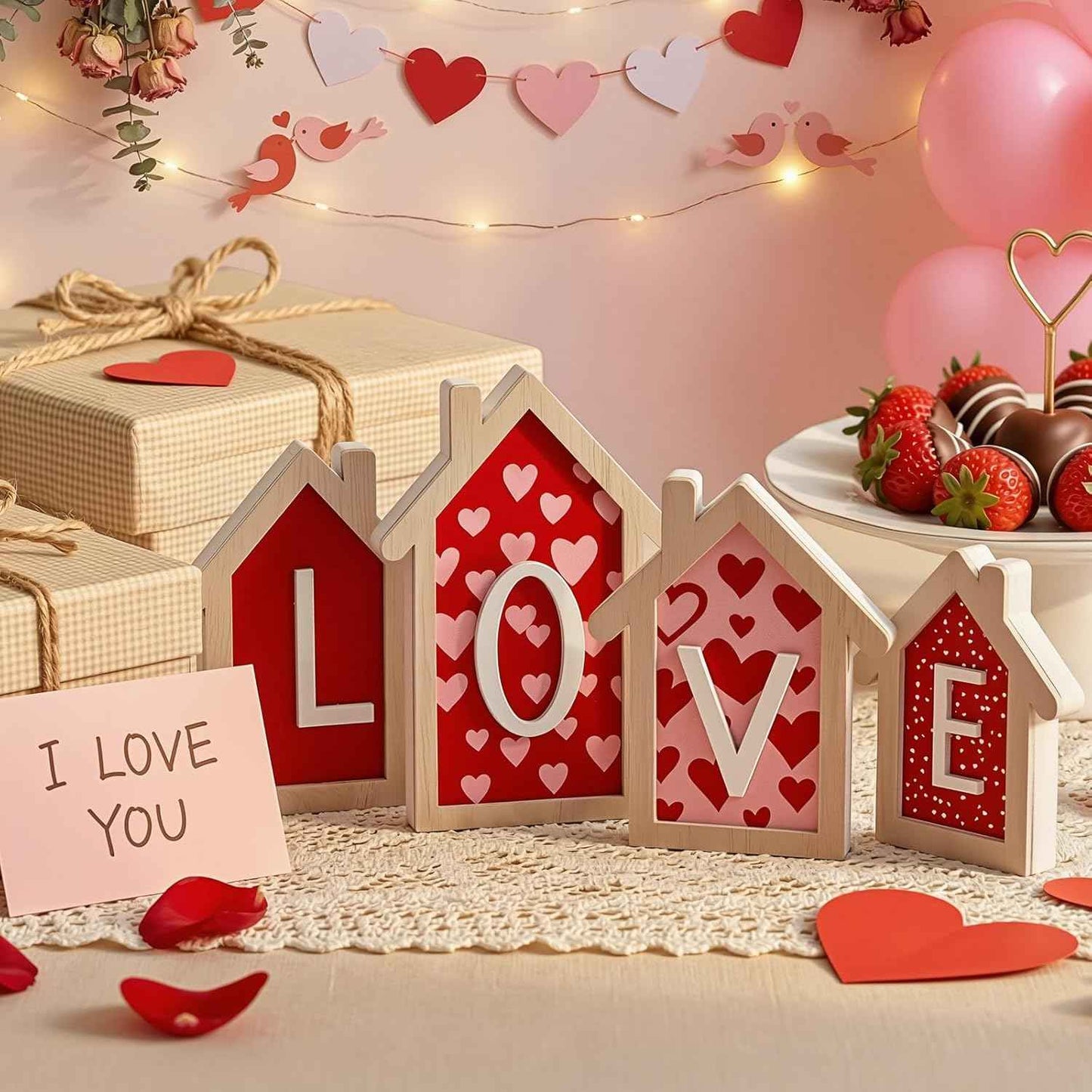 Valentines Day Decorations - 4 Pack 3D Design Wooden House Shape Sign, Valentines Day Table Decor, Valentine's Day Decorations for Home Office Tiered Tray Mantel Shelf