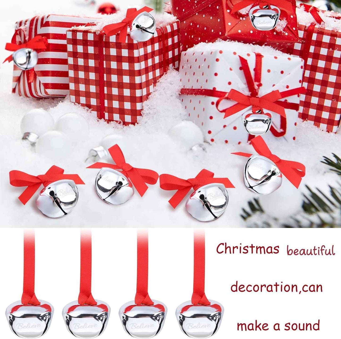 Sdfsdf 30 Pieces Believe Bell Ornament for Christmas Tree Sleigh Bell with Ribbon Xmas Party Home Decoration 1.5 inch (Silver)