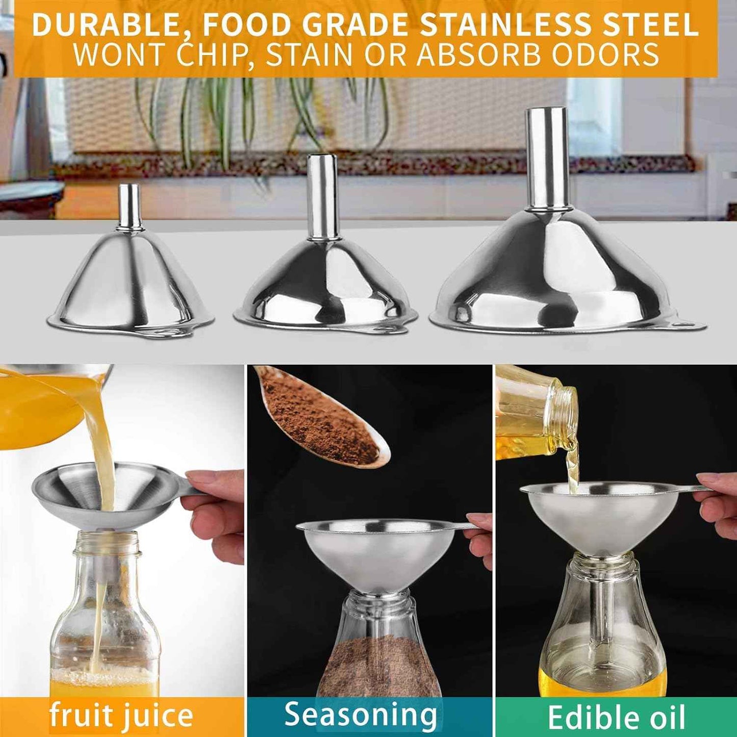 Metal Stainless Steel Funnel, Large Medium Small Funnel Set of 3, Food Grade Mini Funnels for Kitchen Use Filling Bottles Flask Cooking, 2 Brushes YLYL