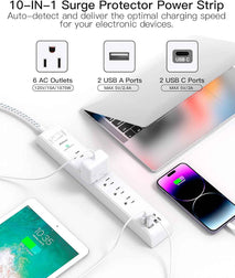 Surge Protector Power Strip 10 ft with 4 USB Ports 2 USB-C 6 AC Outlets, Flat Plug Extension Cord, USB Charging Station, Wall Mountable for Home, Office, Dorm Essentials, 1080J, ETL Listed