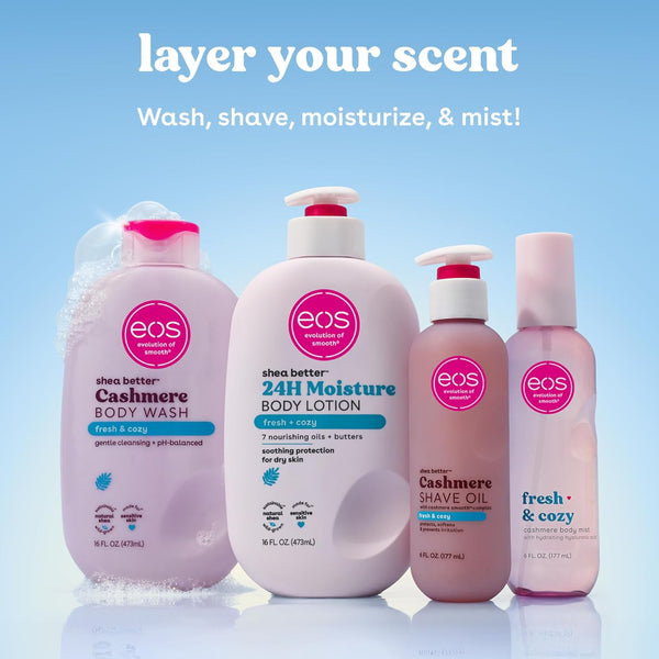eos cashmere shave oil, 6 fl oz, shea butter, glycerin, vegan, fresh & cozy, razor burn prevention