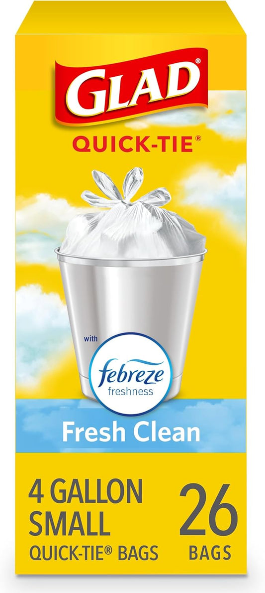 Glad Small Trash Bags 4 Gallon, Febreze Fresh Clean Garbage Bags, Odor Resistant with Quick Tie, 26 Count