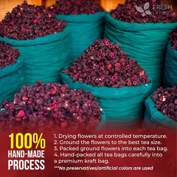100% Natural Hibiscus Flowers Tea Bags, Loose Flower Herbal Tea, No Sugar, No Caffeine, No Gluten, Vegan