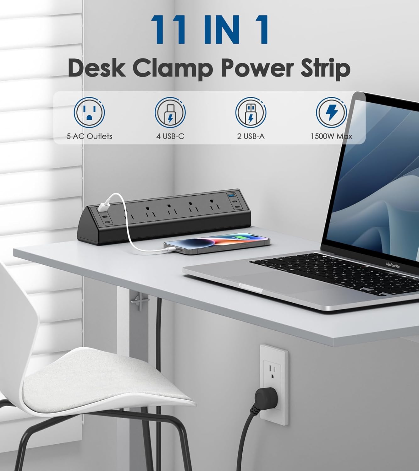 Jgstkcity Desk Clamp Power Strip with USB-C – 5 Outlets & 4 PD 20W Fast Charging Ports, 40W Desk Mount Surge Protector