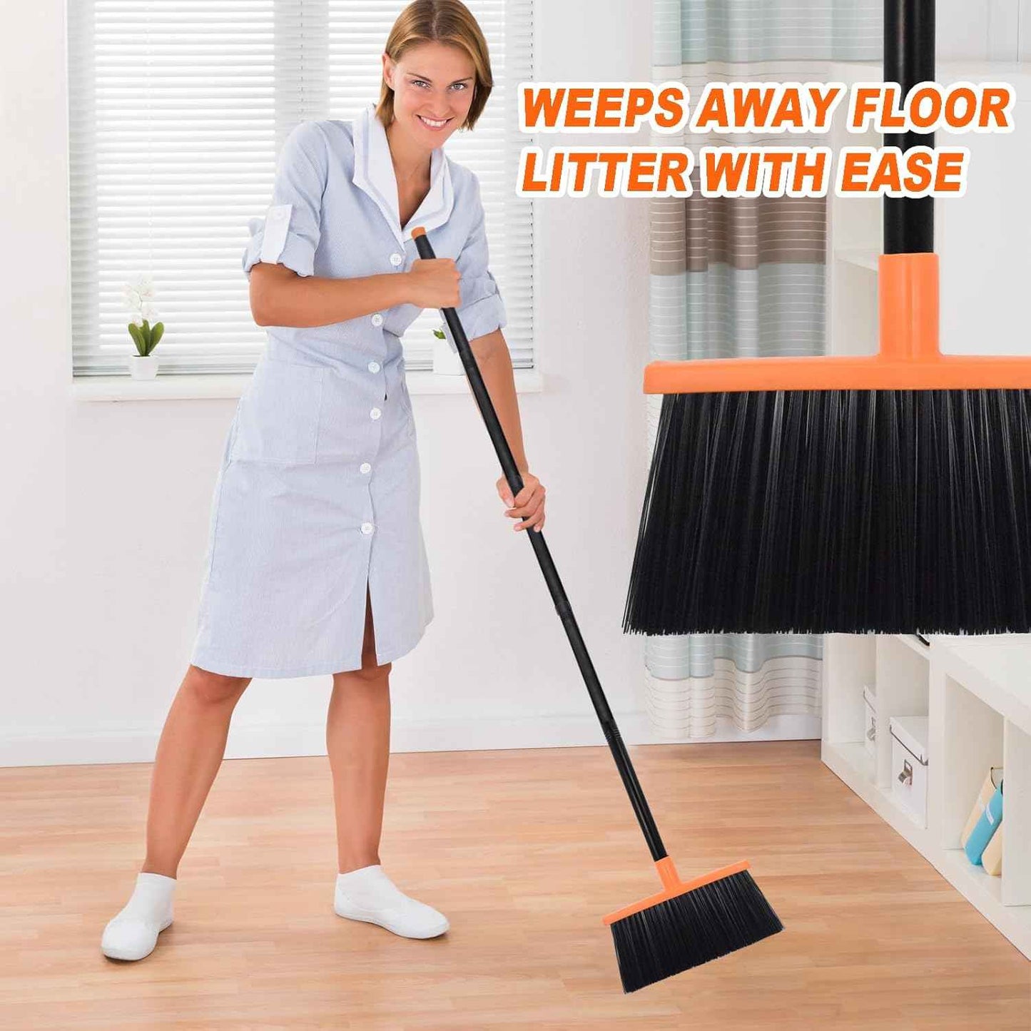 Heavy-Duty Adjustable Angle Broom with 56" Steel Handle - Ideal for Home, Garage, Kitchen, Bathroom, Office, and Outdoor Use - Durable & Efficient Cleaning Tool for Hard Floors (Orange)