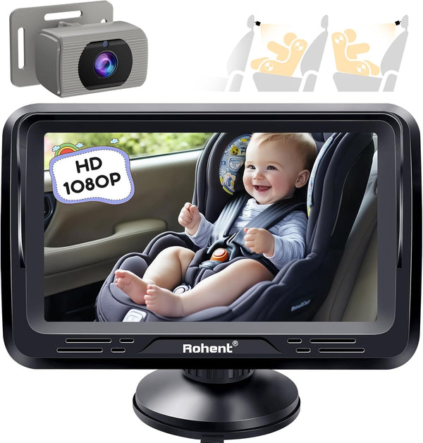 Rohent HD 1080P rear-facing baby car camera with 150° wide-angle lens, night vision, and adjustable display