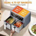 DUMOS 10-in-1 Air Fryer 9.5 QT, Large Airfryer with with 2 Independent Frying Baskets, Sync Finish & Match Cook, Shake Reminder, Wide Temperature 80-450°F, Roast Bake Defrost Dehydrate, Grey