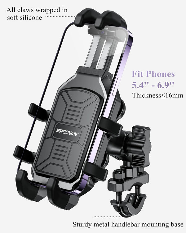 BRCOVAN Motorcycle Phone Mount Holder with Vibration Dampener, Anti-Shake Handlebar Cellphone Cradle for Bike Bicycle Scooter ATV, Adjustable Fit 5.4-6.9'' Smartphone