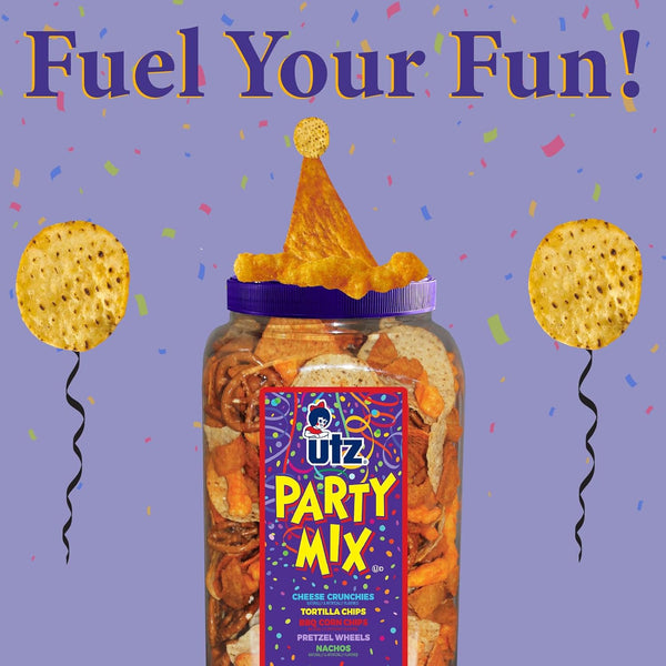 Utz Party Mix snack mix includes corn tortillas, pretzels, and cheese curls, 1.62 pounds, resealable container