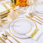 WELLIFE 700 Pieces Gold Plastic Dinnerware Set for 100 Guests - Includes Plates, Cups, Napkins, and Disposable Cutlery - Elegant White & Gold Design, Perfect for Parties and Events