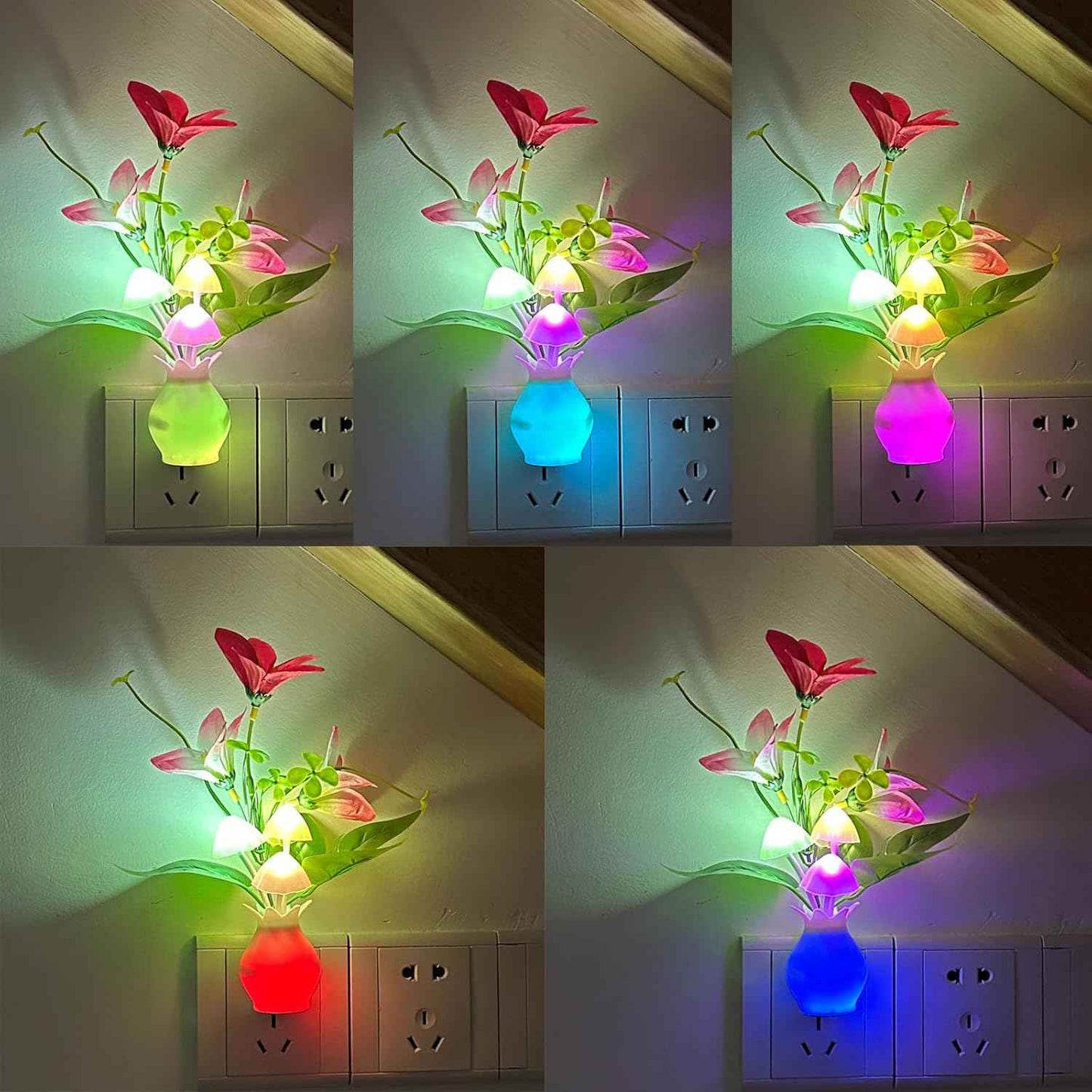 Plug-in Night Light with Auto Light Sensor, RGB LED Mushroom Night Light Wall Based Flower Lamp 1W Energy Efficient Nursery Nightlight for Kids Room, Bedroom, Nursery, Lounge, Hallway and Stairs | Nursery Nightlight, Auto Light Sensor, Energy Efficient, W